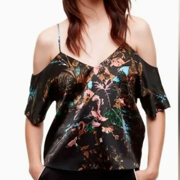 Wilfred Draveil 100% Silk Cold-Shoulder Blouse in Black Multi Floral - Small - Picture 1 of 6